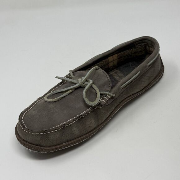 LL Bean Slippers Mens 9 M Graphite Gray Leather Flannel Lined Handsewn Shoes